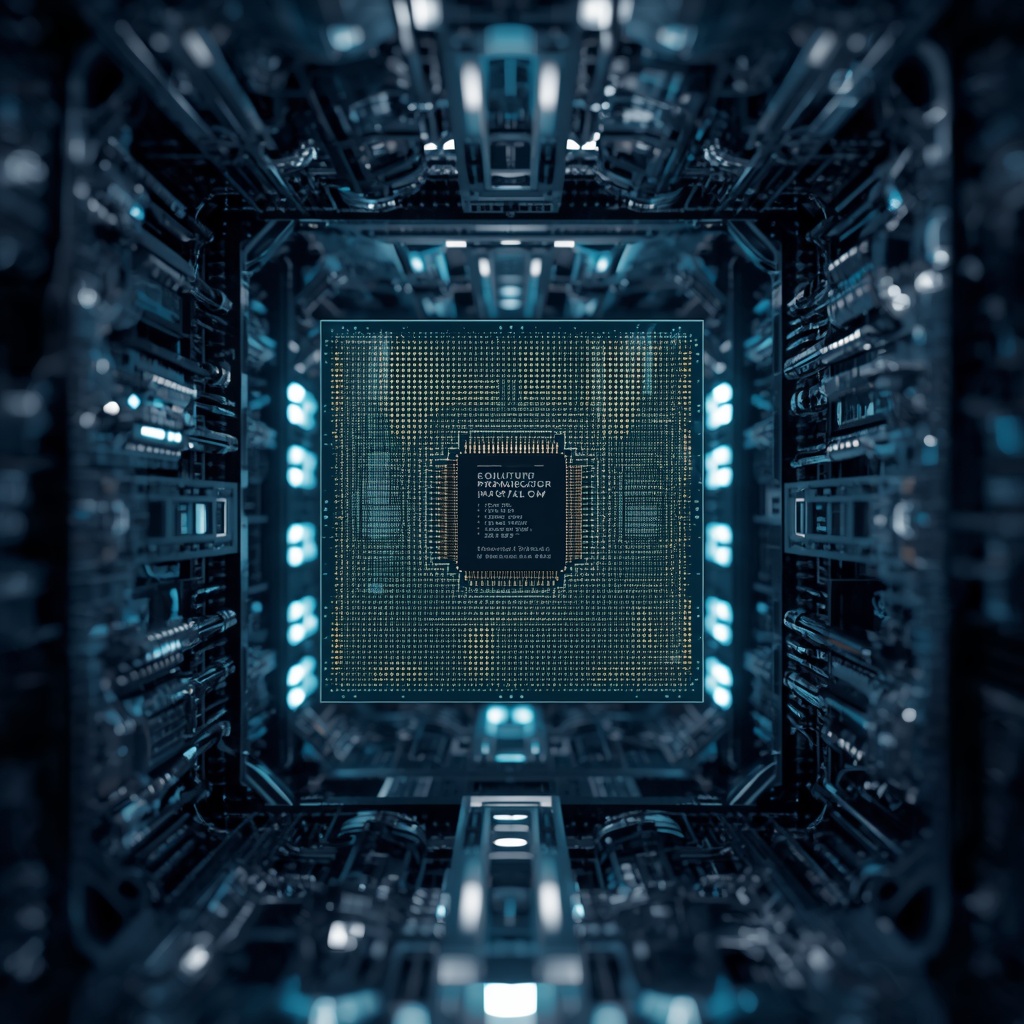 A stunning photorealistic close-up of a cryogenic quantum processor chip suspended inside a gleaming dilution refrigerator, intricate gold and silver circuit traces, extreme cold blue-white lighting, complex wiring harness, laboratory environment, 8k detail, cinematic depth of field, no people, no text, no women